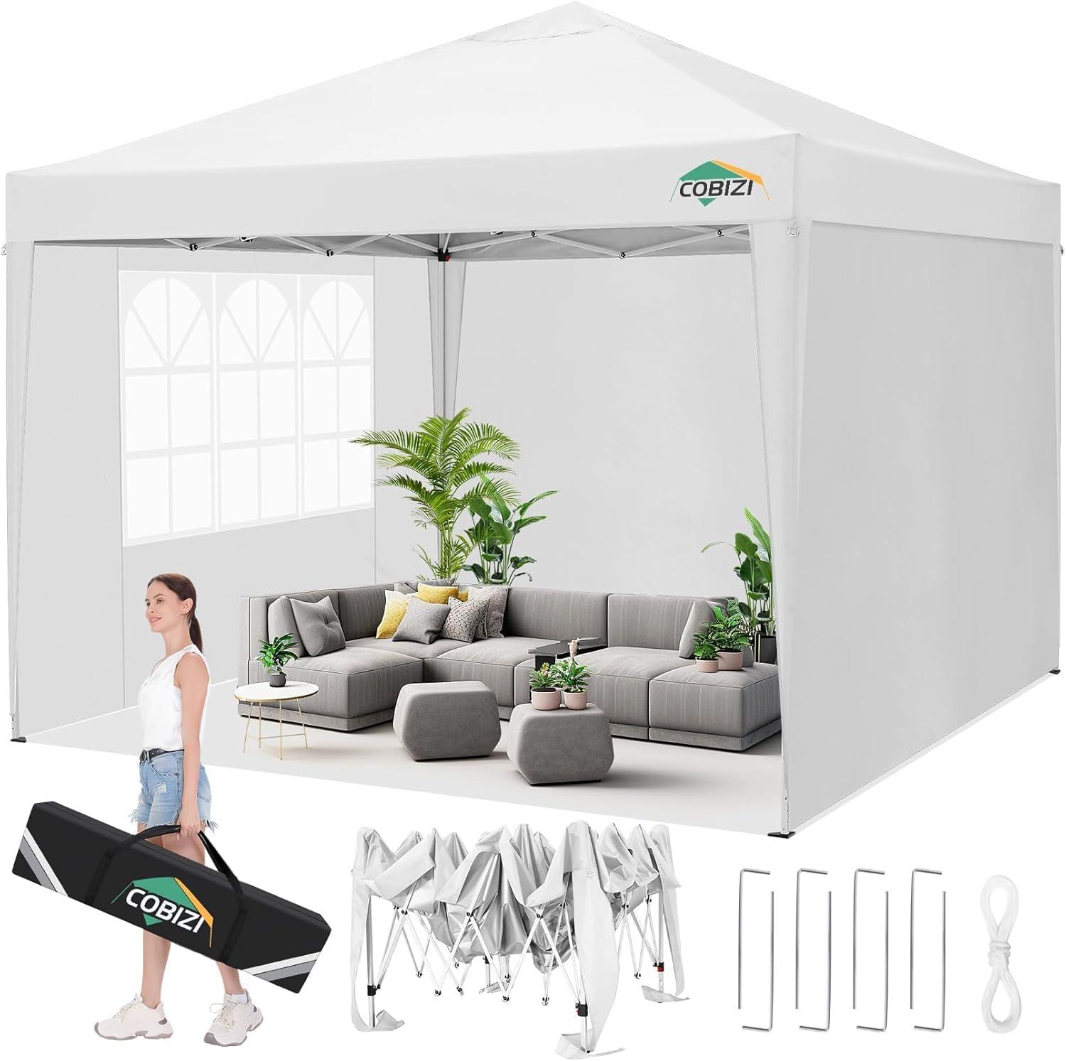 image:imageCOBIZI Ez Up Canopy Canopy Tent 10x10 Heavy Duty Pop Up Canopy with UPF 50 Waterproof Canopy Top for Commercial Business 3 Adjustable Heights with Sand Bags Stakes Ropes Blue GreenWhite
