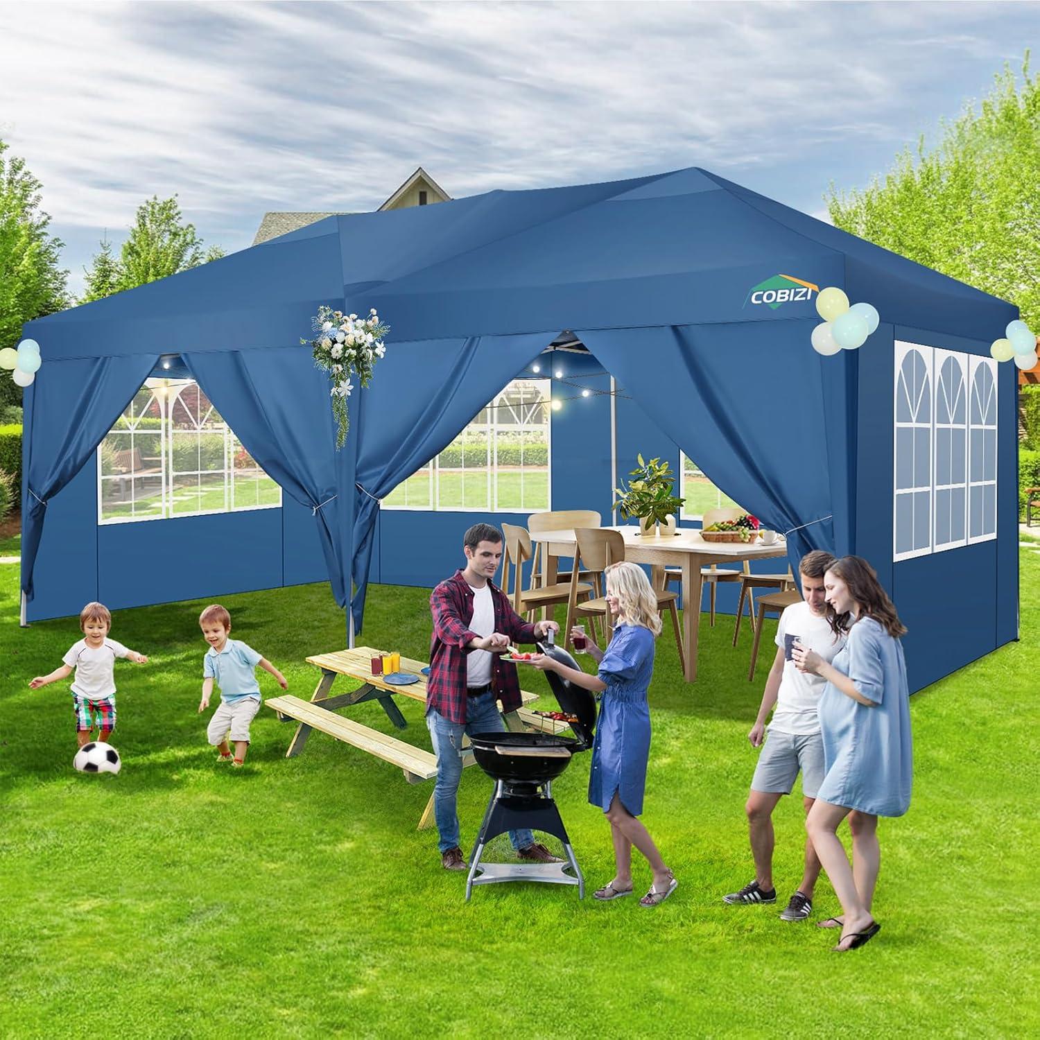 image:imageCOBIZI Ez Up Canopy Canopy Tent 10x10 Heavy Duty Pop Up Canopy with UPF 50 Waterproof Canopy Top for Commercial Business 3 Adjustable Heights with Sand Bags Stakes Ropes Blue GreenBlue