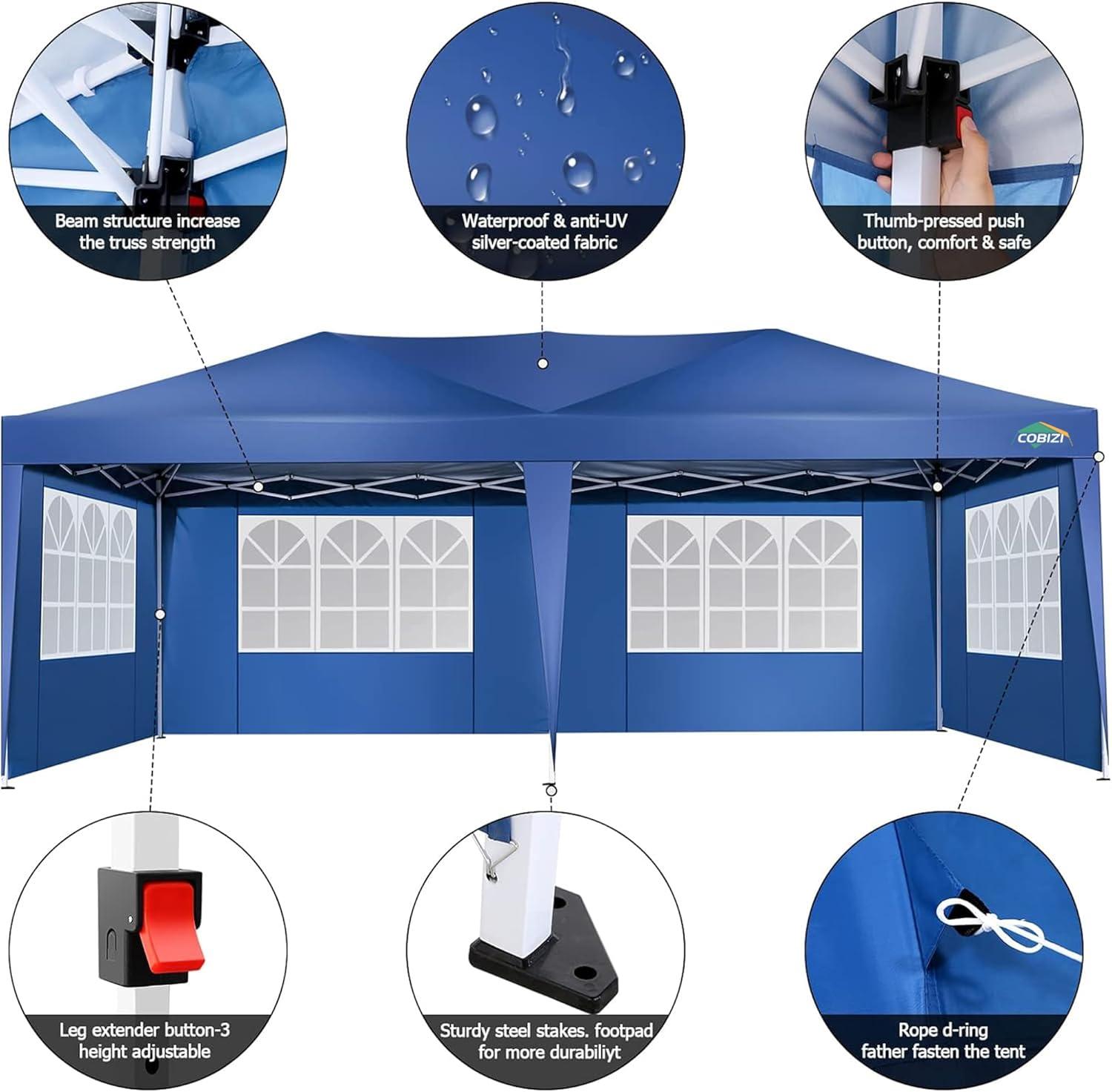 image:imageCOBIZI Ez Up Canopy Canopy Tent 10x10 Heavy Duty Pop Up Canopy with UPF 50 Waterproof Canopy Top for Commercial Business 3 Adjustable Heights with Sand Bags Stakes Ropes Blue GreenBlue