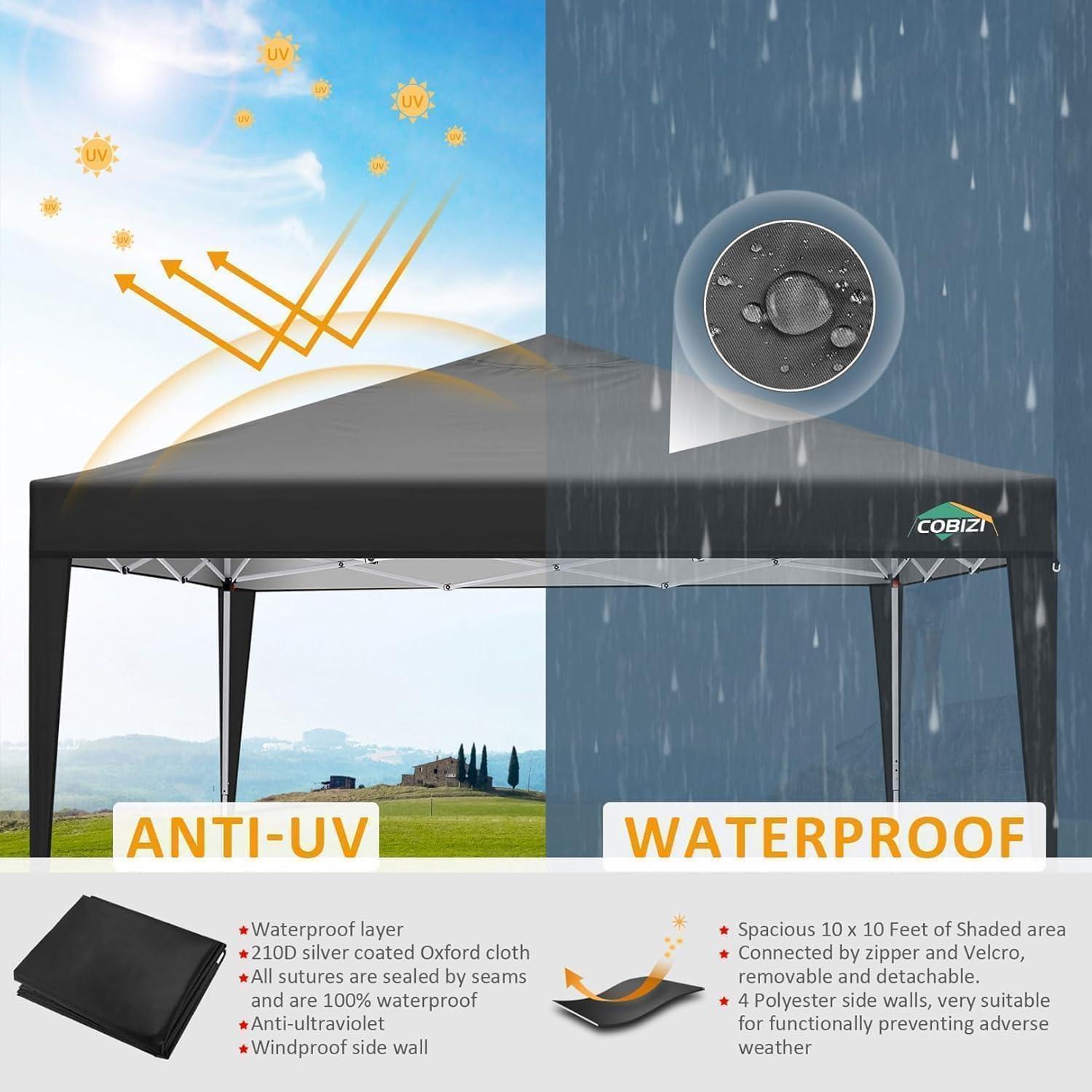 image:imageCOBIZI Ez Up Canopy Canopy Tent 10x10 Heavy Duty Pop Up Canopy with UPF 50 Waterproof Canopy Top for Commercial Business 3 Adjustable Heights with Sand Bags Stakes Ropes Blue GreenBlack