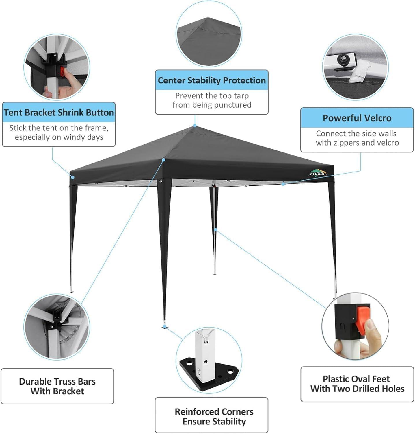 image:imageCOBIZI Ez Up Canopy Canopy Tent 10x10 Heavy Duty Pop Up Canopy with UPF 50 Waterproof Canopy Top for Commercial Business 3 Adjustable Heights with Sand Bags Stakes Ropes Blue GreenBlack