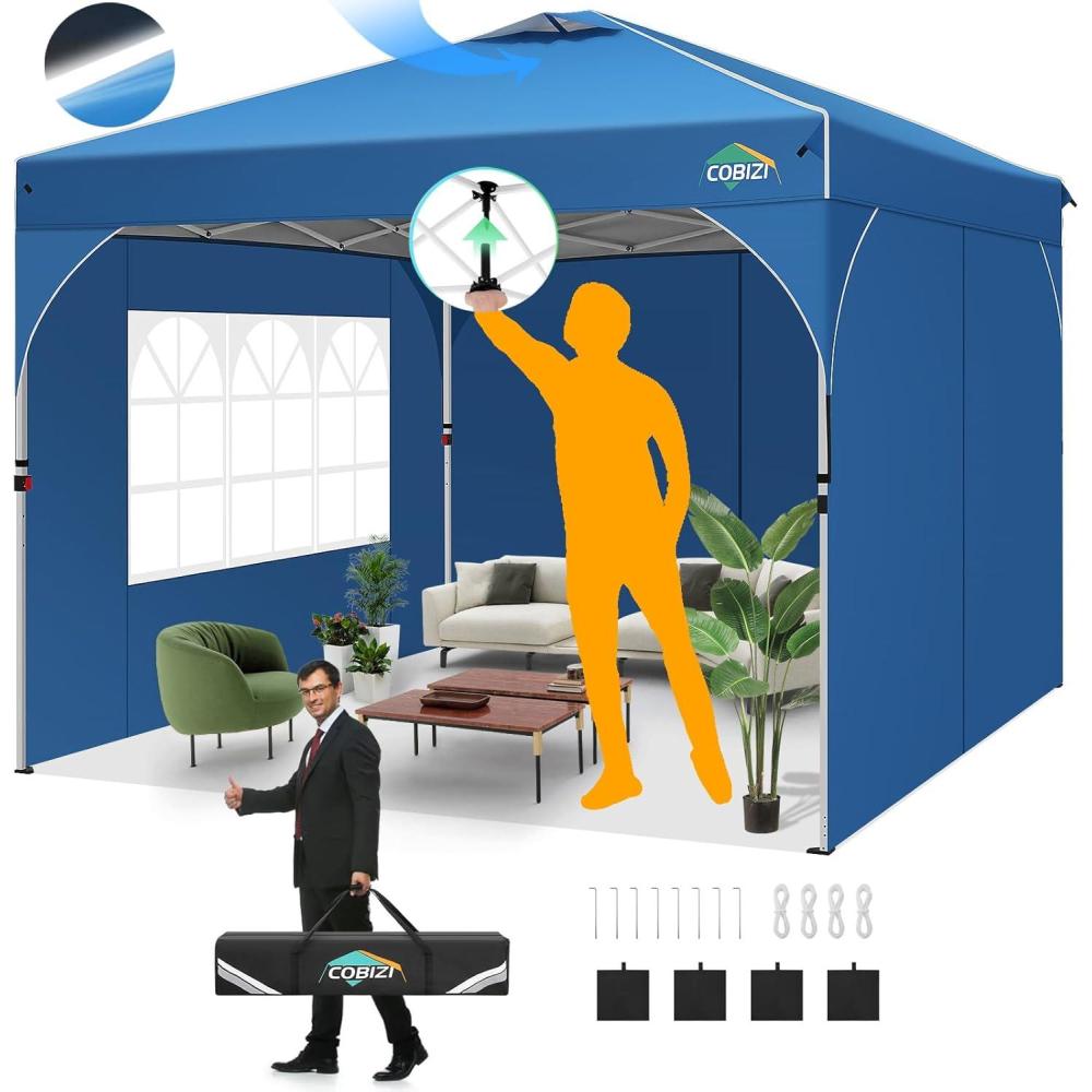 image:imageCOBIZI 10x10 Pop Up Canopy Tent Outdoor Party Tent with 3 Sidewalls 1 Person Easy Set up Tents for Parties with Fluorescent Strip amp 4 Sandbags Waterproof UPF50 3 Adjustable Height BlackBlue