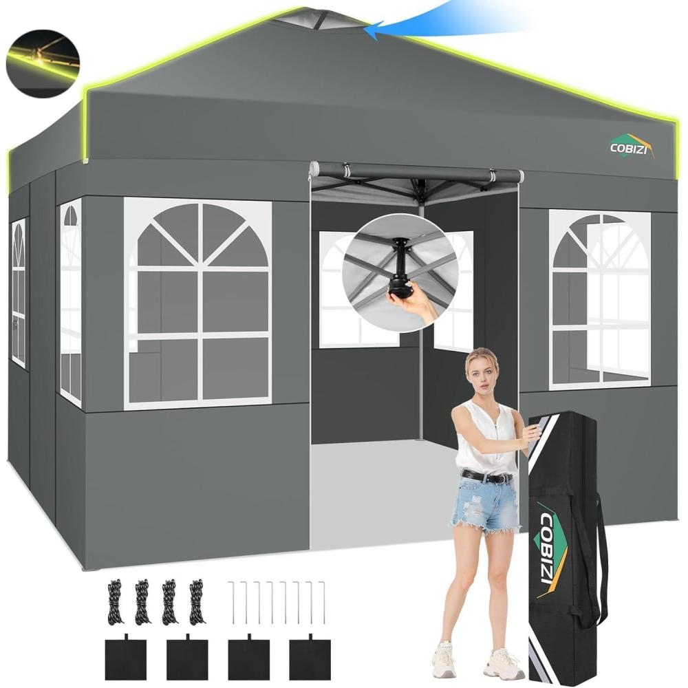 image:imageCOBIZI 10x10 Pop Up Canopy Tent Outdoor Party Tent with 4 Sidewall One Push Setup Glow 3 Adjustable Height Air Vent Waterproof UPF50 Bag 4 Sandbag 8 Stake 4 Rope for Beach CommercialTeal