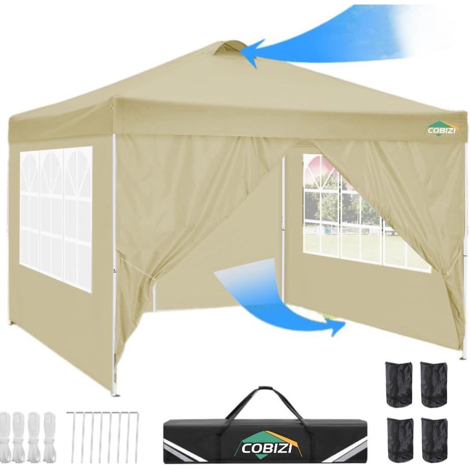 image:imageCOBIZI 10x10 Pop Up Canopy Tent with 4 Sidewalls UPF 50Waterproof Outdoor Canopy with Air Vent Instant Portable Camping Canopies Gazebo for Commercial Sun Shade Party 4 SandbagsWhiteKhaki