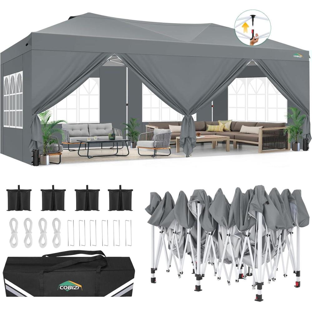 image:imageCOBIZI 10x10 Pop Up Canopy Tent with 4 Sidewalls UPF 50Waterproof Outdoor Canopy with Air Vent Instant Portable Camping Canopies Gazebo for Commercial Sun Shade Party 4 SandbagsWhiteGrey1 year warranty