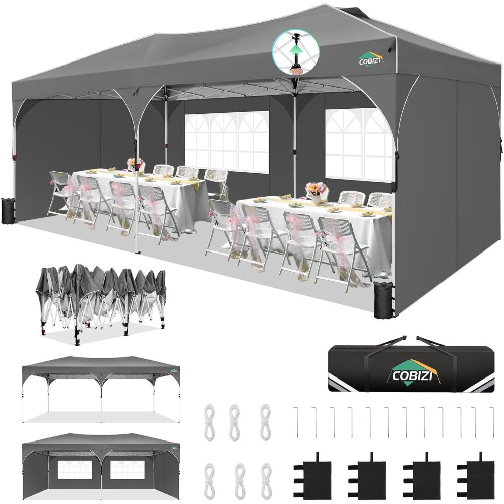 image:imageCOBIZI 10x20 Pop Up Canopy Tent with 4 Sidewalls Instant OnePush Setup Commercial Canopy with Air Vent amp Reflective Strip UPF 50 Waterproof Party Tent with Sandbags amp Stakes for Events GrayGray