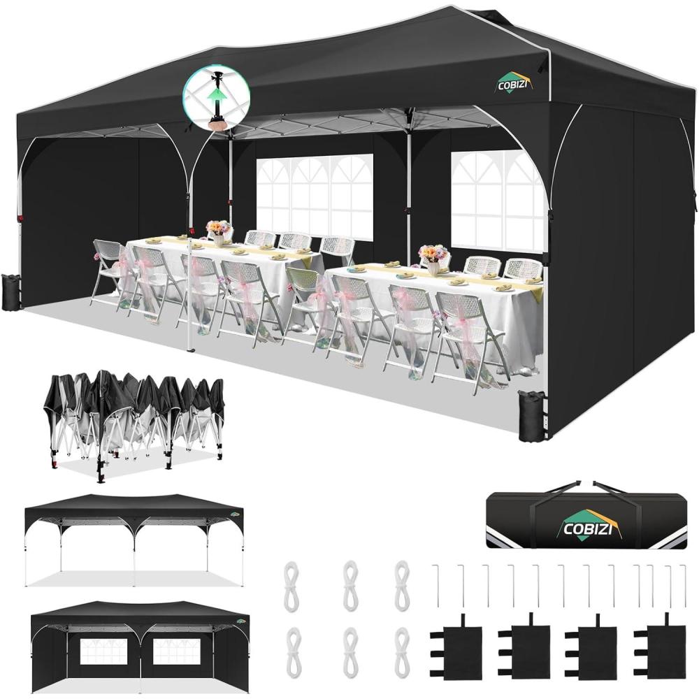 image:imageCOBIZI 10x20 Pop Up Canopy Tent with 4 Sidewalls Instant OnePush Setup Commercial Canopy with Air Vent amp Reflective Strip UPF 50 Waterproof Party Tent with Sandbags amp Stakes for Events BlackBlack
