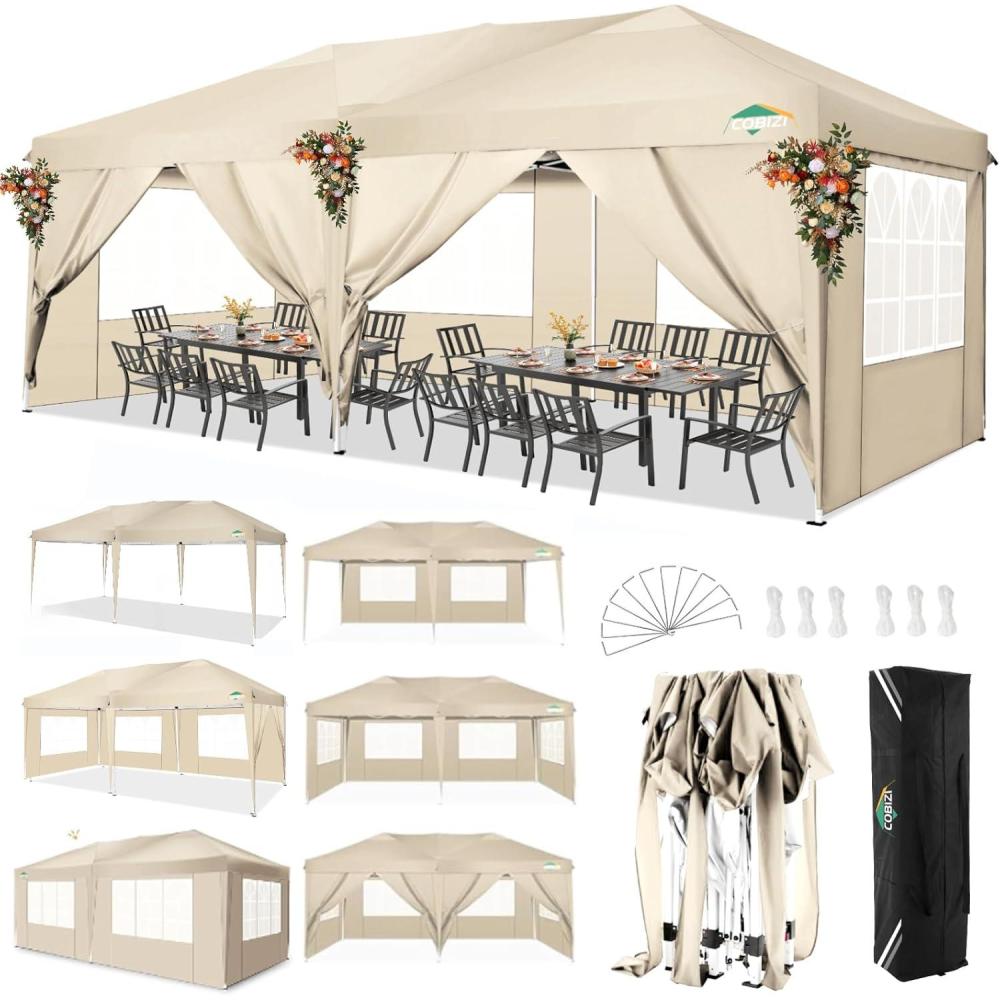 image:imageCOBIZI 10x20 Pop Up Canopy Tent with 6 Sidewalls Party Tents for Parties Weddings Backyard Waterproof Commercial Instant Outdoor Events Tent with Stakes Ropes10 x 20 ft Khaki
