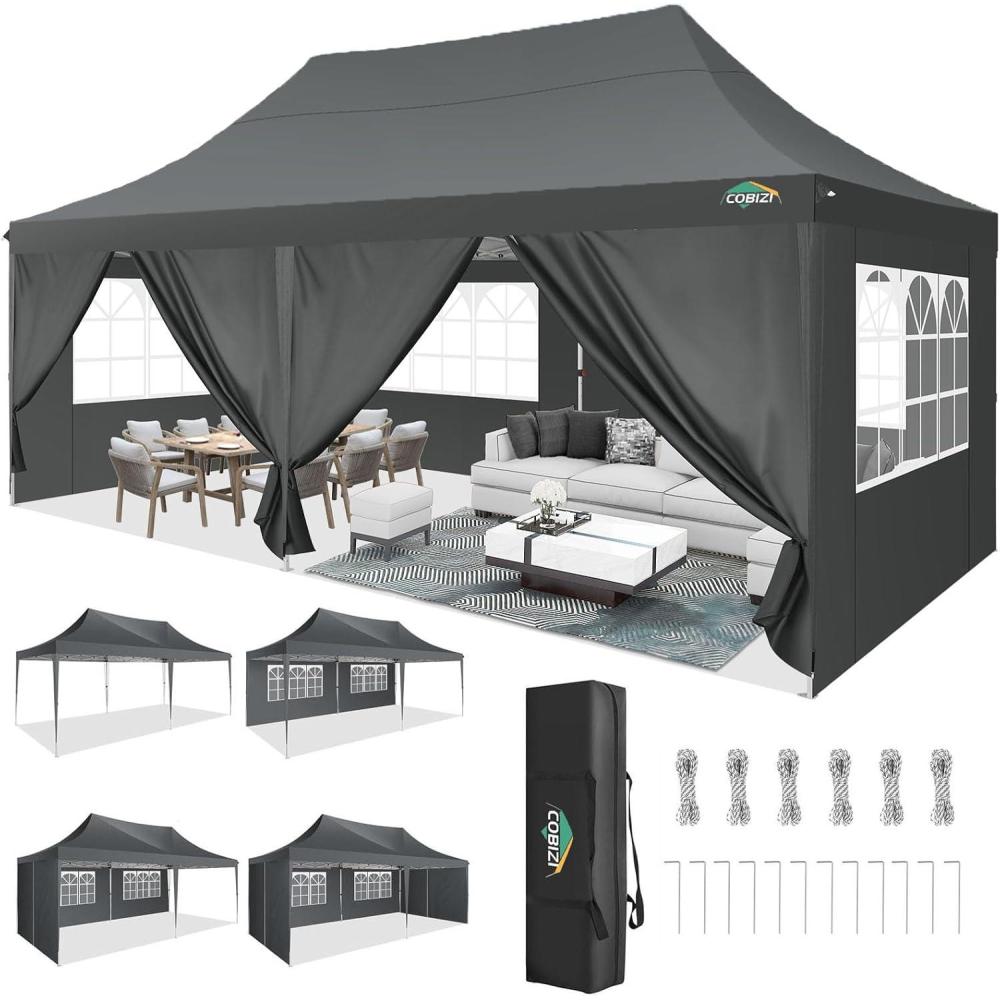 image:imageCOBIZI 10x20 Pop Up Canopy with 6 Sidewall Commercial Canopy UPF 50 Waterproof Outdoor Gazebo with Carry Bag Tents for Parties with Upgrade Frame 3 Height Adjustable BlackClassic Grey