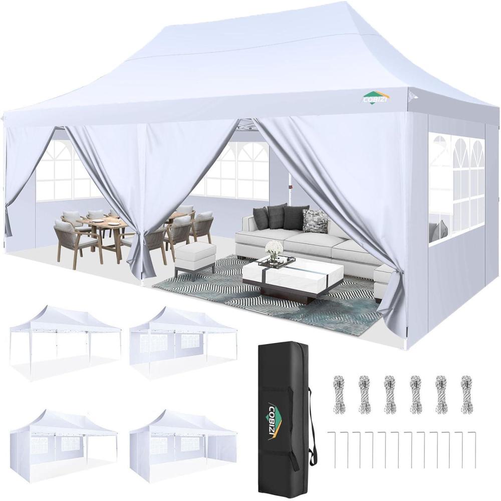 image:imageCOBIZI 10x20 Pop Up Canopy with 6 Sidewall Commercial Canopy UPF 50 Waterproof Outdoor Gazebo with Carry Bag Tents for Parties with Upgrade Frame 3 Height Adjustable White