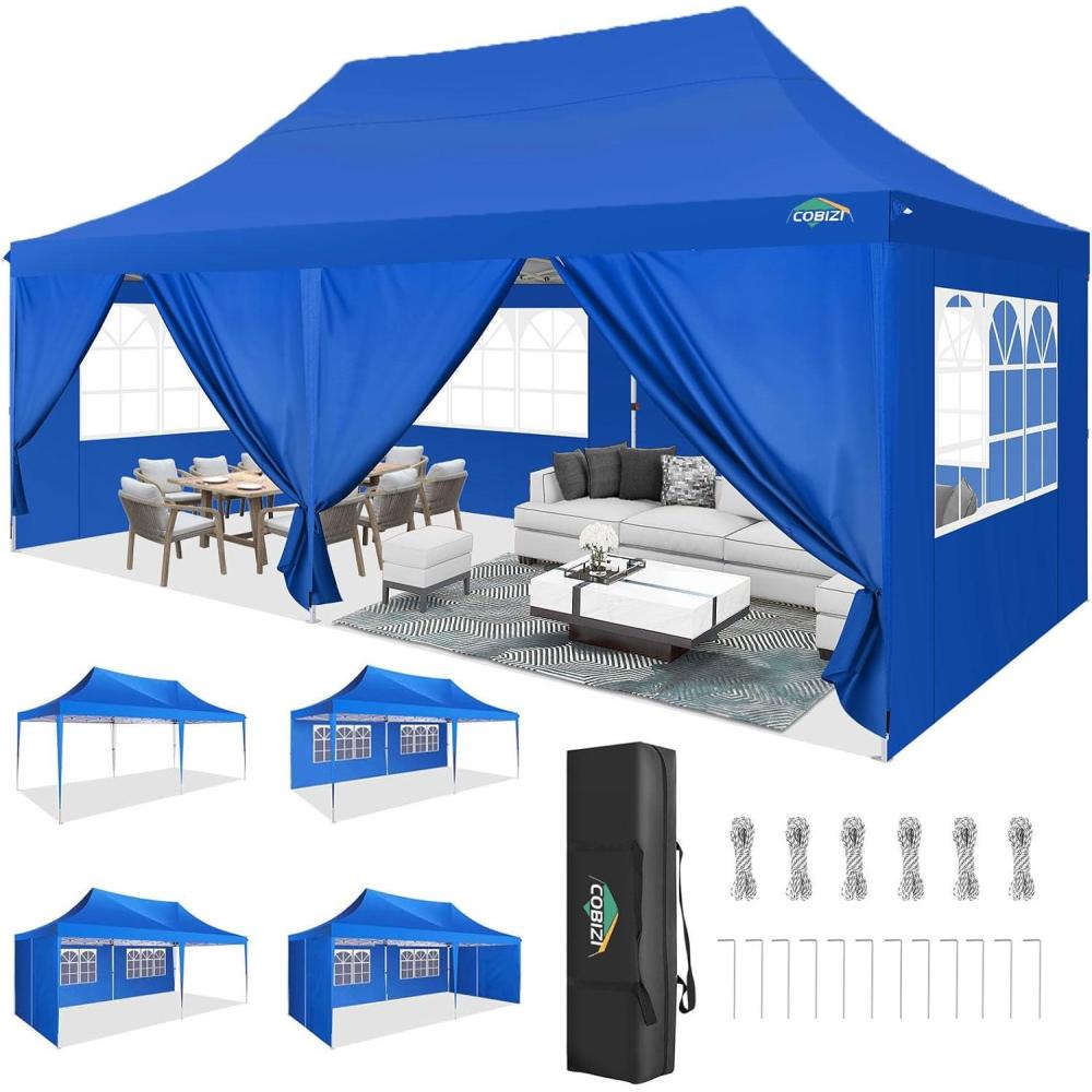 image:imageCOBIZI 10x20 Pop Up Canopy with 6 Sidewall Commercial Canopy UPF 50 Waterproof Outdoor Gazebo with Carry Bag Tents for Parties with Upgrade Frame 3 Height Adjustable BlackLight Blue1 year warranty