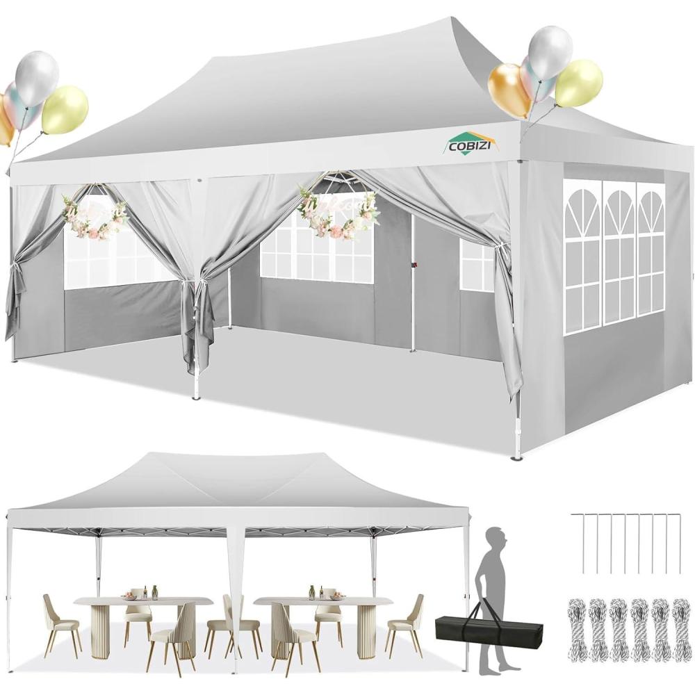 image:imageCOBIZI 10x20 Pop Up Canopy with 6 Sidewalls Conical Canopy 1020 with 3 Adjustable Height Waterproof UVResistant with Carry Bag Stakes Ropes Tent for Parties Commercial WhiteFrame Upgraded