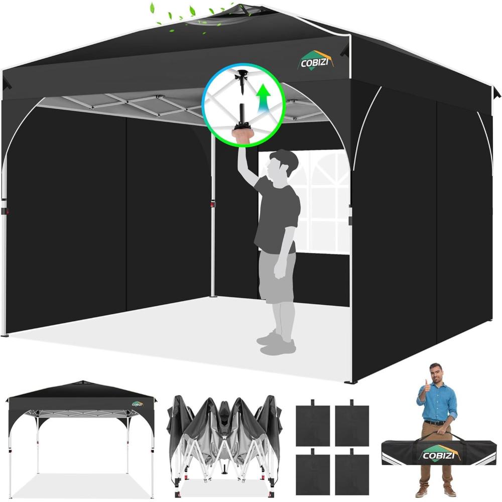 image:imageCOBIZI 10x20 Pop up Canopy Tent with 4 Sidewalls Outdoor Canopy Tent for Party with Push Center Lock amp Air Vent 2000mmWaterproof Gazebo Canopy UPF 50with 4 Sandbags12 Stakes amp 6 RopesBlackBlack