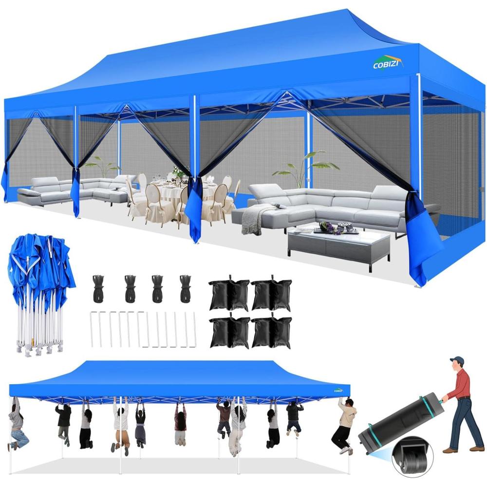 image:imageCOBIZI 10x30 Canopy Tent with 8 SidewallsHeavy Duty Pop up Canopy Party Tent with Mosquito NettingEasy up Screen Canopy for Parties Wedding Outdoor Patio with Roller BagSandbagBlackBlue