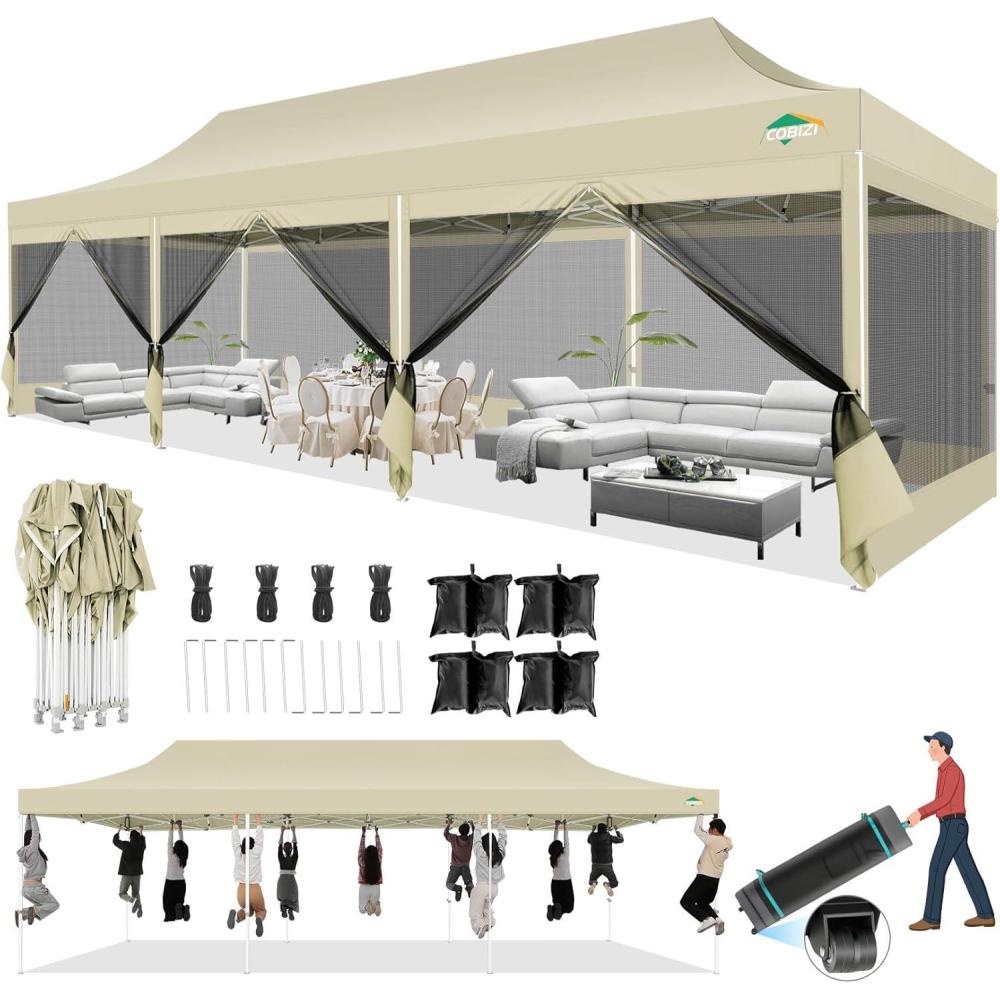 image:imageCOBIZI 10x30 Canopy Tent with 8 SidewallsHeavy Duty Pop up Canopy Party Tent with Mosquito NettingEasy up Screen Canopy for Parties Wedding Outdoor Patio with Roller BagSandbagBlackKhaki