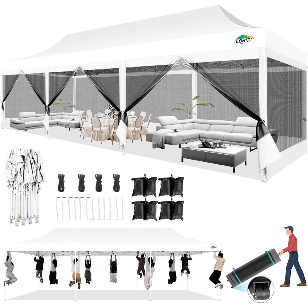 image:imageCOBIZI 10x30 Canopy Tent with 8 SidewallsHeavy Duty Pop up Canopy Party Tent with Mosquito NettingEasy up Screen Canopy for Parties Wedding Outdoor Patio with Roller BagSandbagBlackWhite