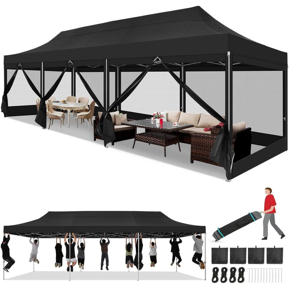 image:imageCOBIZI 10x30 Heavy Duty Pop Up Canopy Tent with 8 Sidewalls Easy Set Up Outdoor Waterproof Screen Commercial Party Tent with Mosquito Netting for Parties Backyard Patio Roller Bag Black