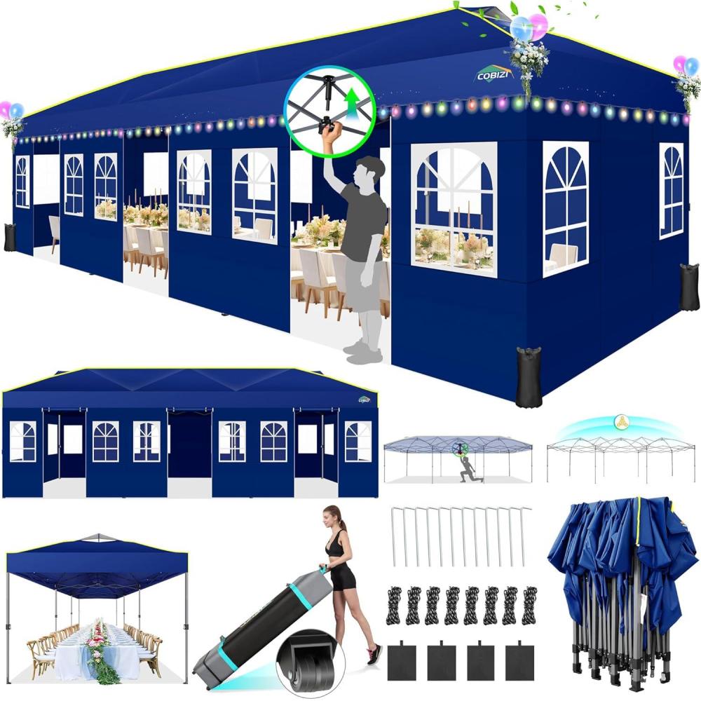 image:imageCOBIZI 10x30 Pop Up Canopy Tent with Sidewalls 10x30 Party Tent Outdoor Wedding Event Tent for Parties UPF 50 Windproof Waterproof Gazebo with Air Vent Wheeled Bag Sandbag Stake RopeNavy Blue