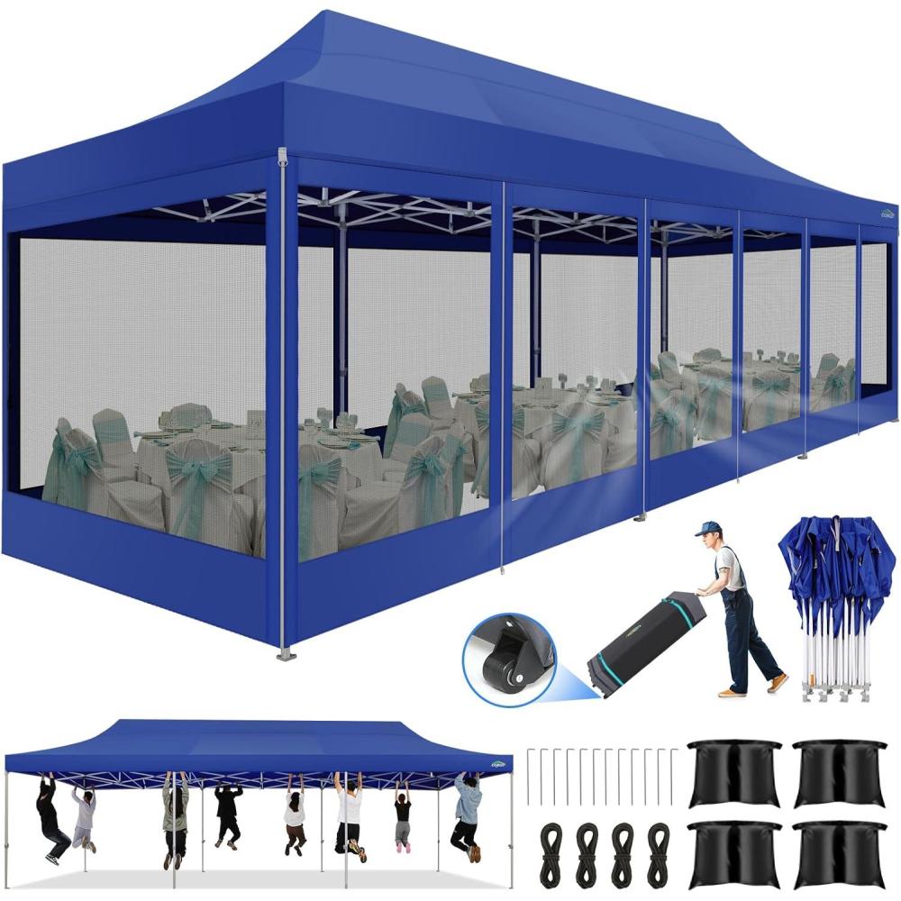 image:imageCOBIZI 10x30 Pop Up Canopy Tent with Sidewalls Heavy Duty 10x30 Party Tent Easy up Canopy UPF 50 Waterproof Commercial Outdoor Backyard Vendors Tents Gazebo with Roller Bag 10 x 30 ftDark Blue