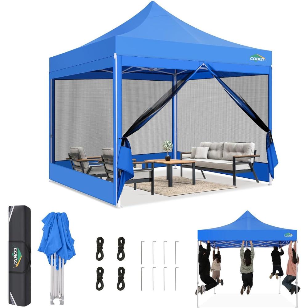image:imageCOBIZI 10x30 Pop Up Canopy Tent with Sidewalls Heavy Duty 10x30 Party Tent Easy up Canopy UPF 50 Waterproof Commercial Outdoor Backyard Vendors Tents Gazebo with Roller Bag 10 x 30 ftBlue