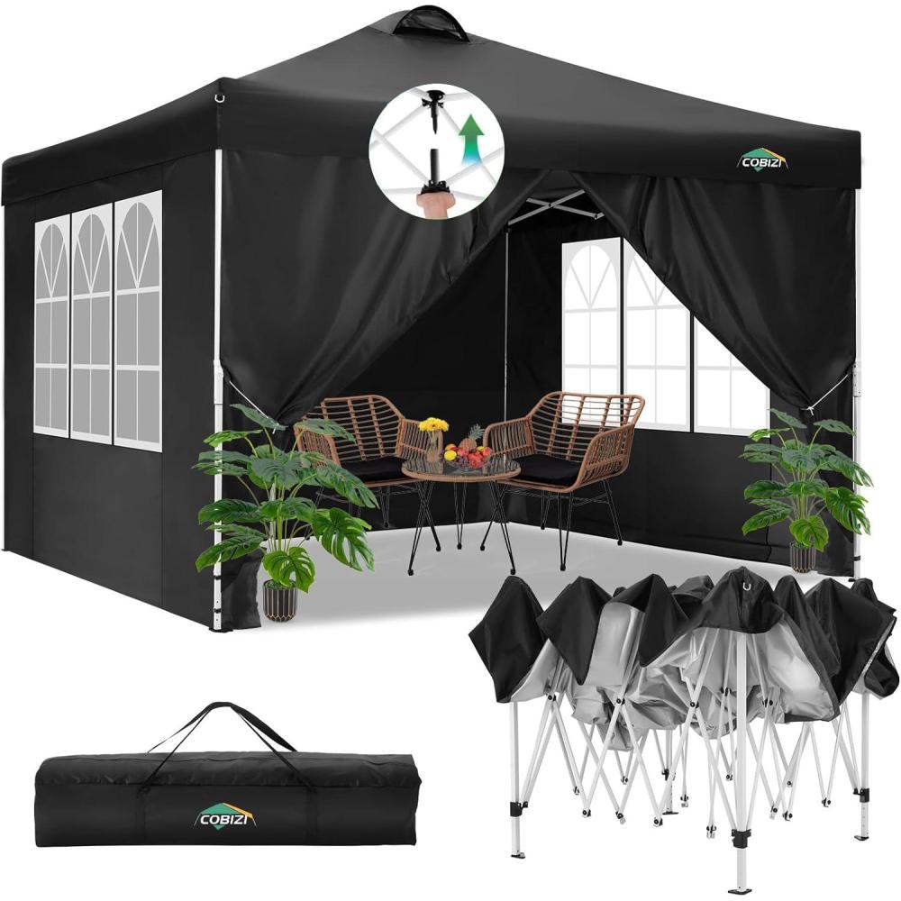 image:imageCOBIZI Canopy 10x10 Pop Up Canopy Tent with 4 Sidewalls One Push Party Tents for Parties Outdoor Wedding Waterproof Gazebo Commercial Event Tent with Sandbags WhiteKnight BLack