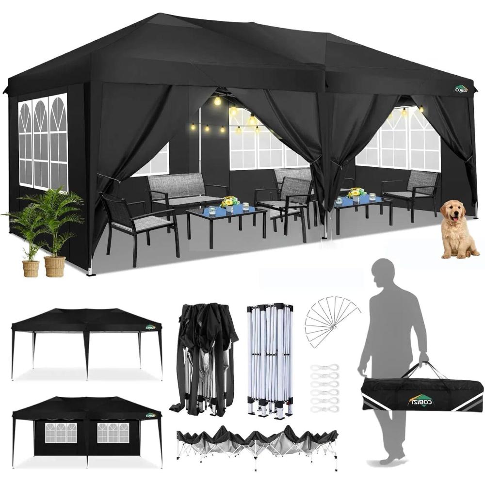 image:imageCOBIZI Canopy 10x20 Pop Up Canopy Tent with 6 Sidewalls Easy Pop Up Tent 10x20 Waterproof Commercial Instant Shelter UPF 50 Portable Gazebo Wedding Tents for Parties Carport Vender EventsBlack