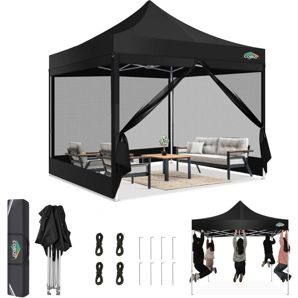 image:imageCOBIZI Canopy Tent 10x10 Heavy Duty Pop Up Gazebo with Netting ScreenedWaterproof Ez up Canopy with Sidewalls Outdoor Instant Screen House Tent for CampingBackyard Wedding BirthdayBlackBlack