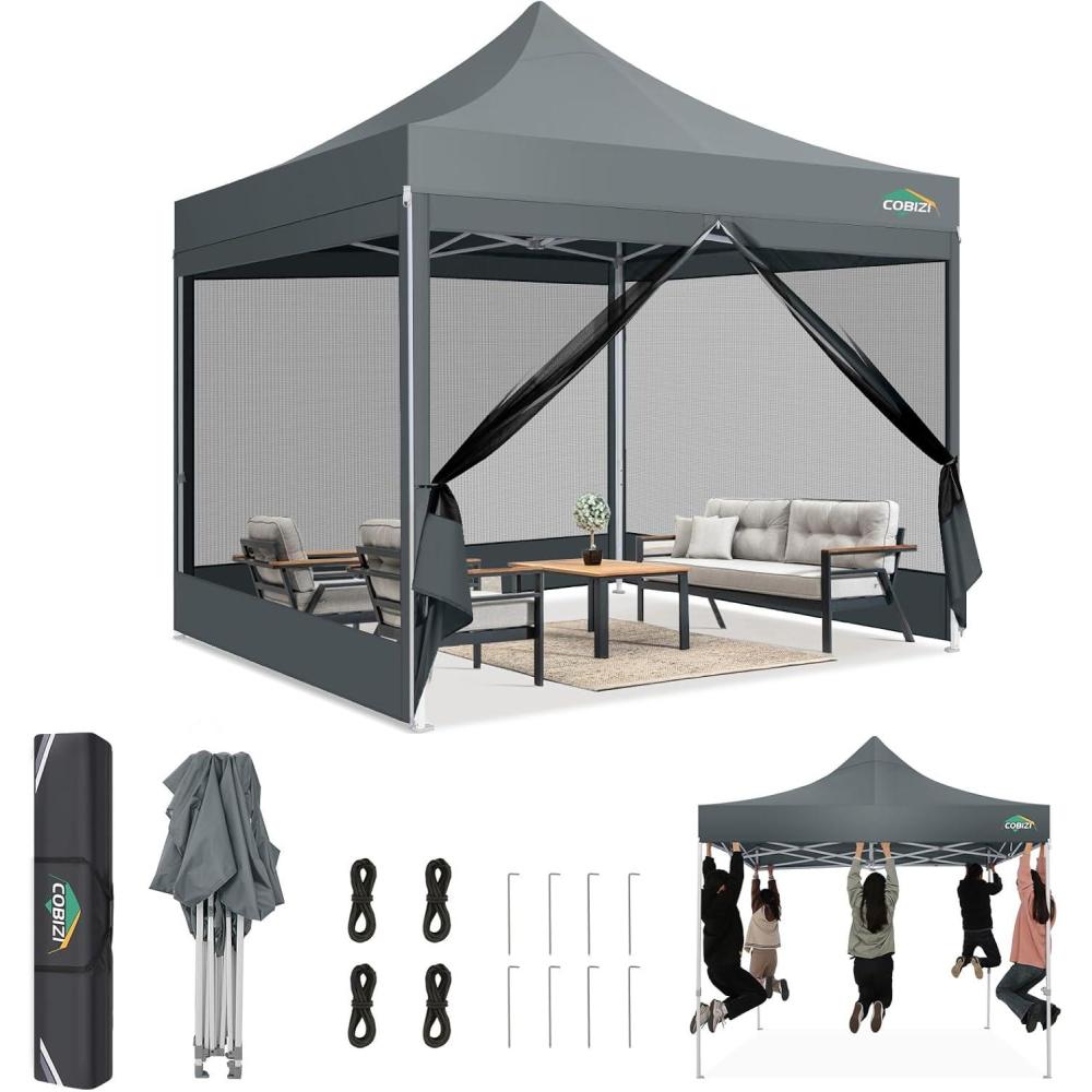 image:imageCOBIZI Canopy Tent 10x10 Heavy Duty Pop Up Gazebo with Netting ScreenedWaterproof Ez up Canopy with Sidewalls Outdoor Instant Screen House Tent for CampingBackyard Wedding BirthdayBlackGray