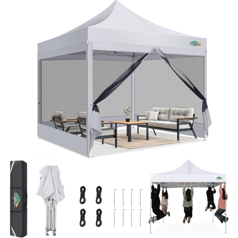 image:imageCOBIZI Canopy Tent 10x10 Heavy Duty Pop Up Gazebo with Netting ScreenedWaterproof Ez up Canopy with Sidewalls Outdoor Instant Screen House Tent for CampingBackyard Wedding BirthdayBlackWhite