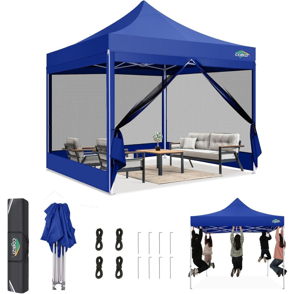 image:imageCOBIZI Canopy Tent 10x10 Heavy Duty Pop Up Gazebo with Netting ScreenedWaterproof Ez up Canopy with Sidewalls Outdoor Instant Screen House Tent for CampingBackyard Wedding BirthdayBlackDark Blue