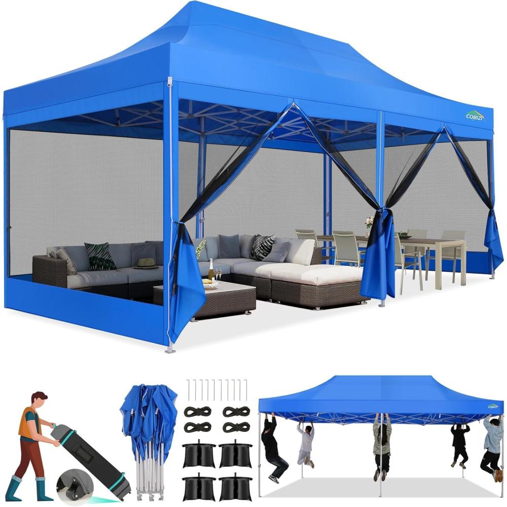 image:imageCOBIZI Canopy Tent 10x10 Heavy Duty Pop Up Gazebo with Netting ScreenedWaterproof Ez up Canopy with Sidewalls Outdoor Instant Screen House Tent for CampingBackyard Wedding BirthdayBlackBlue