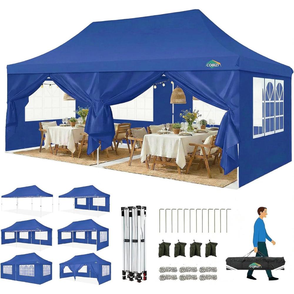 image:imageCOBIZI Canopy Tent 10x30 Pop Up Canopy with 8 Removable Sidewalls Party Tents for Parties Wedding Patio Commercial Waterproof and UV50 Ez Outdoor Instant Gazebo with Roller Bag amp 4 SandbagsWhiteOcean Blue