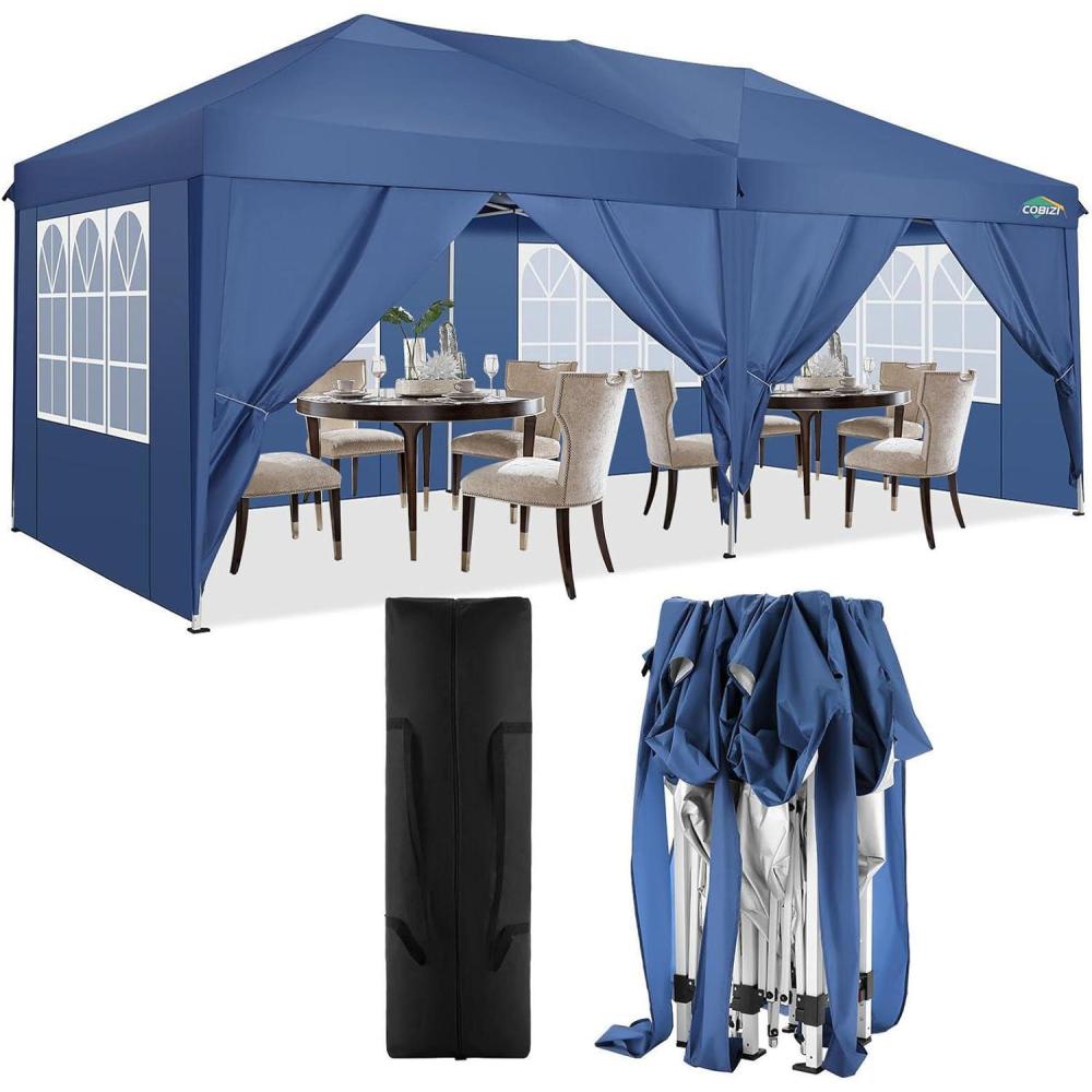 image:imageCOBIZI Ez Up Canopy Canopy Tent 10x10 Heavy Duty Pop Up Canopy with UPF 50 Waterproof Canopy Top for Commercial Business 3 Adjustable Heights with Sand Bags Stakes Ropes Blue GreenBlue