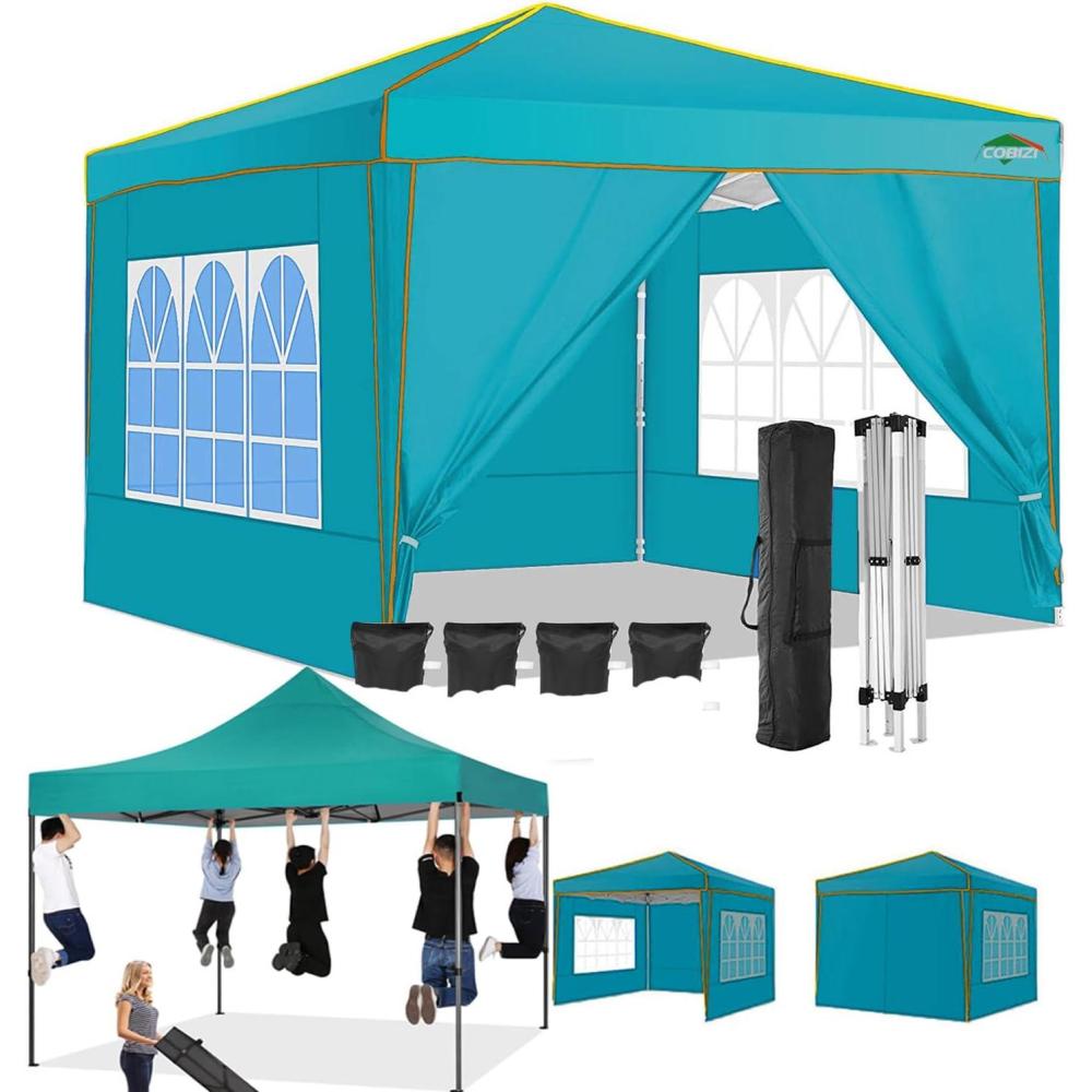 image:imageCOBIZI Ez Up Canopy Canopy Tent 10x10 Heavy Duty Pop Up Canopy with UPF 50 Waterproof Canopy Top for Commercial Business 3 Adjustable Heights with Sand Bags Stakes Ropes Blue GreenBlue Green