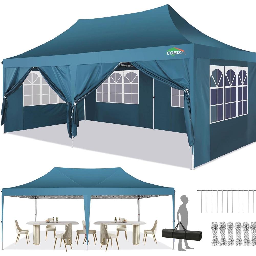 image:imageCOBIZI Ez Up Canopy Canopy Tent 10x10 Heavy Duty Pop Up Canopy with UPF 50 Waterproof Canopy Top for Commercial Business 3 Adjustable Heights with Sand Bags Stakes Ropes Blue GreenOcean