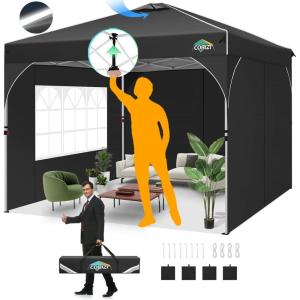 image:imageCOBIZI 10x10 Pop Up Canopy Tent Outdoor Party Tent with 3 Sidewalls 1 Person Easy Set up Tents for Parties with Fluorescent Strip amp 4 Sandbags Waterproof UPF50 3 Adjustable Height BlackBlack