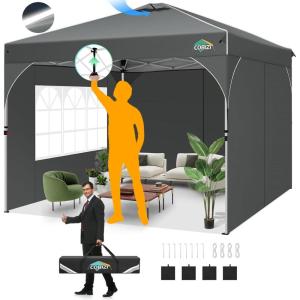 image:imageCOBIZI 10x10 Pop Up Canopy Tent Outdoor Party Tent with 3 Sidewalls 1 Person Easy Set up Tents for Parties with Fluorescent Strip amp 4 Sandbags Waterproof UPF50 3 Adjustable Height BlackGray