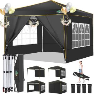 image:imageCOBIZI 10x10 Pop Up Canopy Tent with 4 Removable Sidewalls Tent for Parties Waterproof Wedding Event CanopyInstant Outdoor Gazebos with Church WindowCarry Bag4 StakesRopes amp SandbagsBlack with 4 Sidewalls