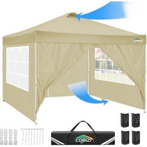 image:imageCOBIZI 10x10 Pop Up Canopy Tent with 4 Sidewalls UPF 50Waterproof Outdoor Canopy with Air Vent Instant Portable Camping Canopies Gazebo for Commercial Sun Shade Party 4 SandbagsWhiteKhaki