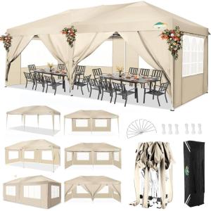 image:imageCOBIZI 10x20 Pop Up Canopy Tent with 6 Sidewalls Party Tents for Parties Weddings Backyard Waterproof Commercial Instant Outdoor Events Tent with Stakes Ropes10 x 20 ft Khaki