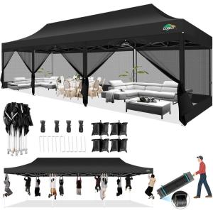 image:imageCOBIZI 10x30 Canopy Tent with 8 SidewallsHeavy Duty Pop up Canopy Party Tent with Mosquito NettingEasy up Screen Canopy for Parties Wedding Outdoor Patio with Roller BagSandbagBlackBlack