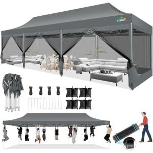 image:imageCOBIZI 10x30 Canopy Tent with 8 SidewallsHeavy Duty Pop up Canopy Party Tent with Mosquito NettingEasy up Screen Canopy for Parties Wedding Outdoor Patio with Roller BagSandbagBlackGray