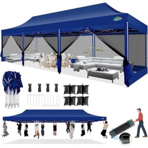 image:imageCOBIZI 10x30 Canopy Tent with 8 SidewallsHeavy Duty Pop up Canopy Party Tent with Mosquito NettingEasy up Screen Canopy for Parties Wedding Outdoor Patio with Roller BagSandbagBlackDeep Blue