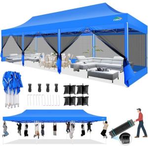 image:imageCOBIZI 10x30 Canopy Tent with 8 SidewallsHeavy Duty Pop up Canopy Party Tent with Mosquito NettingEasy up Screen Canopy for Parties Wedding Outdoor Patio with Roller BagSandbagBlackBlue