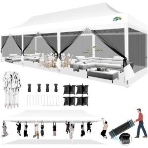 image:imageCOBIZI 10x30 Canopy Tent with 8 SidewallsHeavy Duty Pop up Canopy Party Tent with Mosquito NettingEasy up Screen Canopy for Parties Wedding Outdoor Patio with Roller BagSandbagBlackWhite