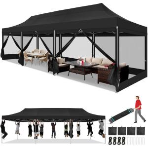 image:imageCOBIZI 10x30 Heavy Duty Pop Up Canopy Tent with 8 Sidewalls Easy Set Up Outdoor Waterproof Screen Commercial Party Tent with Mosquito Netting for Parties Backyard Patio Roller Bag Black