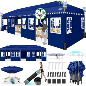 image:imageCOBIZI 10x30 Pop Up Canopy Tent with Sidewalls 10x30 Party Tent Outdoor Wedding Event Tent for Parties UPF 50 Windproof Waterproof Gazebo with Air Vent Wheeled Bag Sandbag Stake RopeNavy Blue