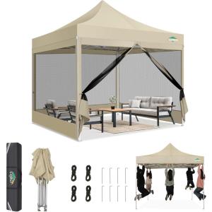 image:imageCOBIZI Canopy Tent 10x10 Heavy Duty Pop Up Gazebo with Netting ScreenedWaterproof Ez up Canopy with Sidewalls Outdoor Instant Screen House Tent for CampingBackyard Wedding BirthdayBlackKhaki