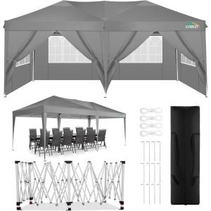 image:imageCOBIZI Ez Up Canopy Canopy Tent 10x10 Heavy Duty Pop Up Canopy with UPF 50 Waterproof Canopy Top for Commercial Business 3 Adjustable Heights with Sand Bags Stakes Ropes Blue Green10x20ft Light Gray
