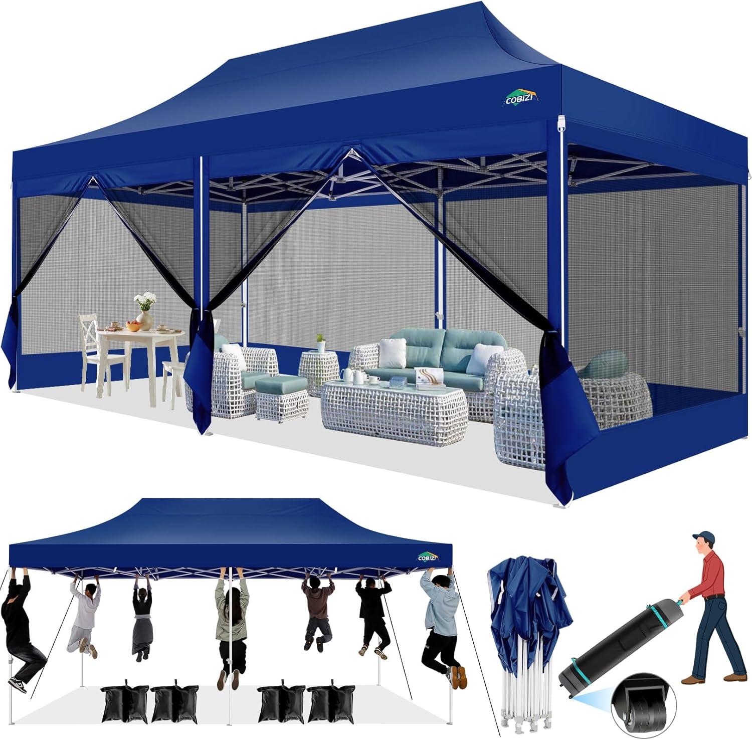 image:imageCOBIZI 10x10 Canopy Tent with 4 SidewallsHeavy Duty Pop up Canopy with Mosquito NettingEasy up Screen Tent for Parties Wedding Outdoor Camping with HandbagKhakiDeep Blue
